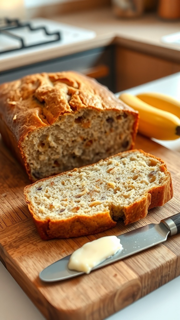 Easy Banana Bread Recipe Without Vanilla A loaf of banana bread sliced on a cutting board with ripe bananas beside it.